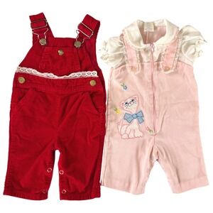 Vintage Baby Corduroy Overalls Romper Lot Red Pink Cat 0-3 Months Set